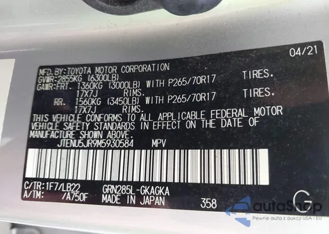 2021 Toyota 4Runner Sr5 Premium из США, поврежденный, VIN JTENU5JR9M5930584